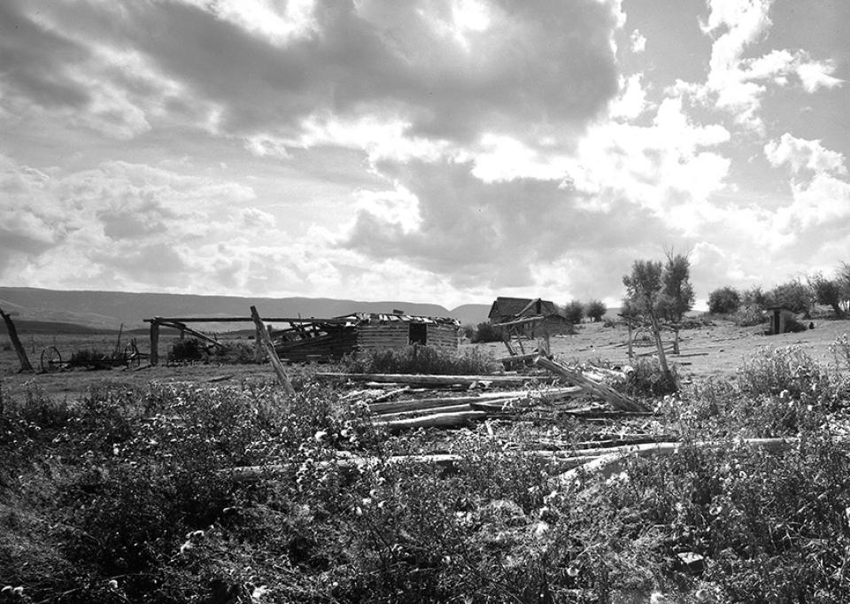 Outbuildings and, in the distance, main house on the Stewart homestead, 1984. Richard Collier, Wyoming SHPO.