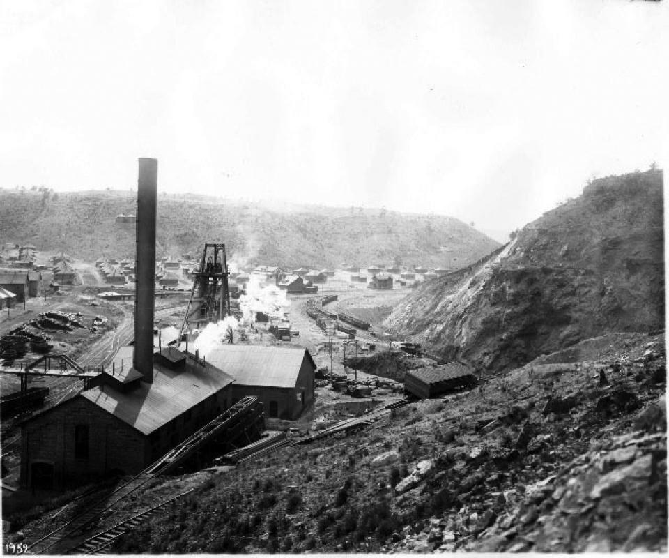 Sunrise iron mine, Sunrise, Wyo., 1906. The view shows the power and shaft house, housing the machinery that ran the main hoist up the mine shaft. J.E. Stimson, Wyoming Sate Archives.