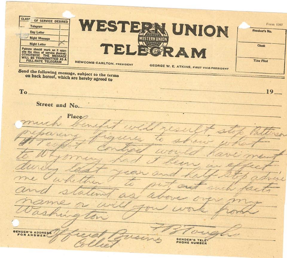 In May 1922, Fred B. Tough of the U.S. Bureau of Mines office in Casper released this message to the press hoping to deflect criticism about Teapot Dome oil leasing procedures. DOE.