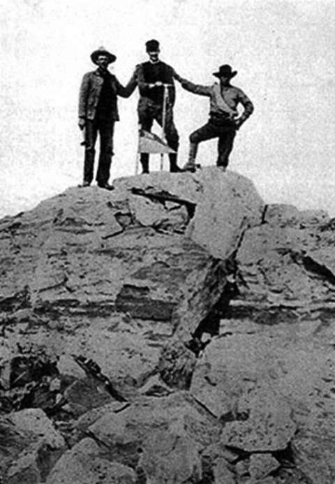 Three of the four members of Billy Owen’s party who climbed the Grand Teton in 1898. Left to right, John Shive, Franklin Spalding and Frank Petersen. Owen took the photo. Wyoming Tales and Trails.