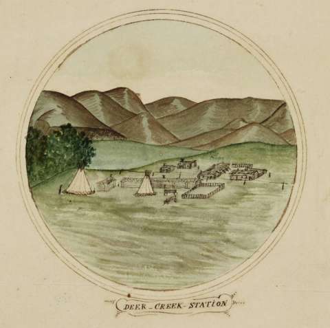 Deer Creek Station, watercolor by Caspar W. Collins, about 1862. The compound housed a telegraph station and Joseph Bissonette’s trading post. Thomas Twiss was a real presence at this location, which became an important military station between 1862 and 1865. It was burned to the ground in August 1866. Denver Public Library Special Collections, number C63-8d ART.