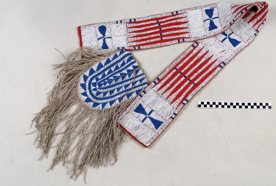 Ute shoulder or bandolier bag with a hide body and fringe, wool cloth and glass beads. The Ute people were constantly at war with the Lakota Sioux and Arapaho; Twiss would not have frequently been in contact with them. Items such as this could have been captured or traded for.  NMAI, Smithsonian Institution, catalog number 8/8056.