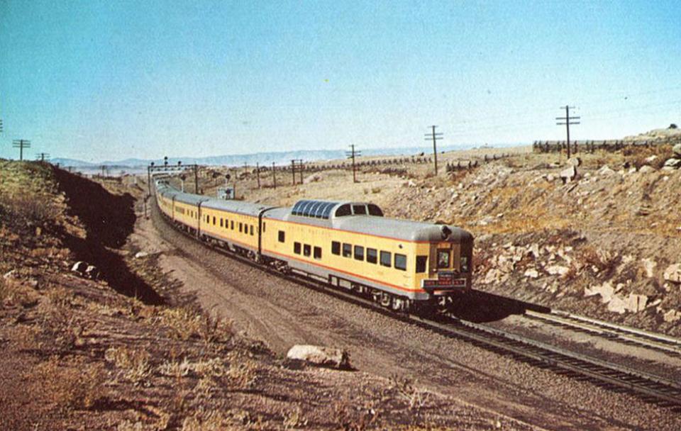 A domed lounge car on the UP's "City of Los Angeles" as it rolls across Wyoming in 1955. Wikipedia.