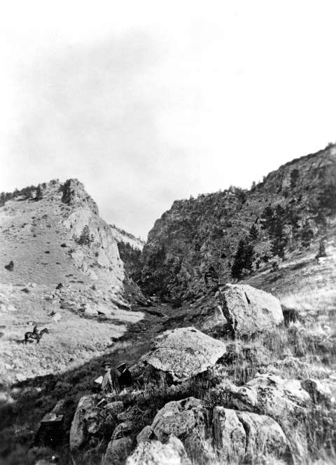 Looking east up Jackson Canyon from the west end of Casper Mountain. Much of this rocky land of scrub and widely-spaced pines burned during the dry summer of 2006. William Henry Jackson photo, 1870, USGS photo library. 