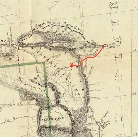 The 21 trappers traveled up the Laramie River and through the Laramie Range—then called the Black Hills—to the Laramie Plains in the fall of 1831. Fort Laramie, shown on the map, did not yet exist. Present Casper, Wyo., is on the North Platte immediately east of Red Buttes. Detail from John C. Fremont’s “Map of Oregon and upper California,” 1848, with author’s drawing of Zenas Leonard's approximate route. Click to enlarge