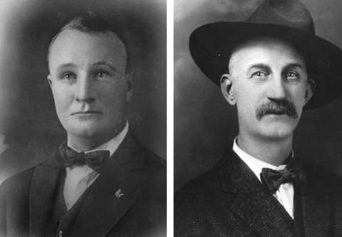 Edward Woodson surrendered to Union Pacific Special Agent Matt McCourt, left; McCourt took him to the courthouse and turned him over to Sweetwater County Sheriff Arthur Dixon, right, at the jail. But Dixon and his deputy would prove unable to protect Woodson from the mob. Sweetwater County Historical Museum.