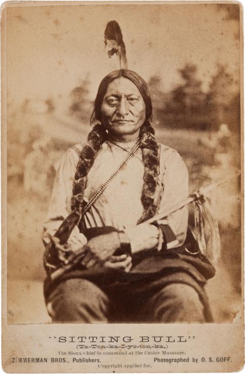 Grouard, riding a mail route in central Montana Territory, was captured in January 1870 by a group of Hunkpapa Lakota men. Sitting Bull, shown in a portrait here from 1881, came to respect him, and, according to Grouard, adopted him as his brother. Wikipedia.