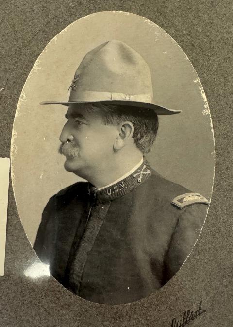J.L. Torrey, Big Horn Basin politician, rancher, and founder of the Wyoming Rough Riders. Mustachioed man in profile, wearing a cavalry uniform and hat