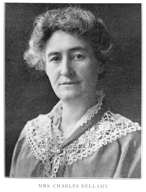 Mary Godat Bellamy, Laramie politician and first woman to serve in the Wyoming Legislature. Her term started in 1910. Portrait of woman with short hair, wearing a lace-collared garment