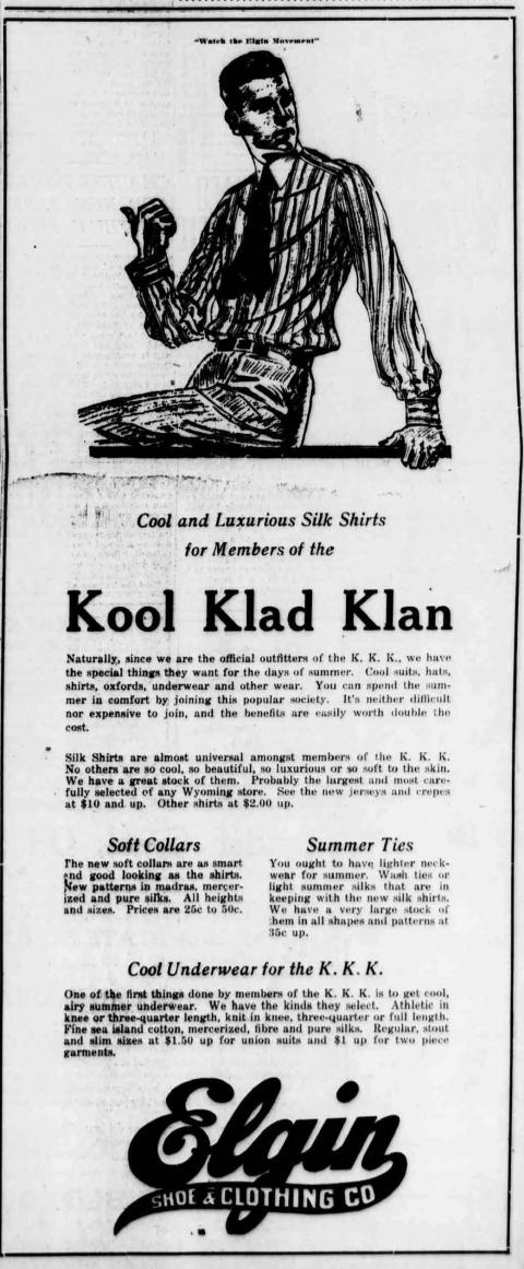 Newspaper advertisement for men's shirts from the Elgin Company, targeted toward "Members of the Kool Klad Klan"