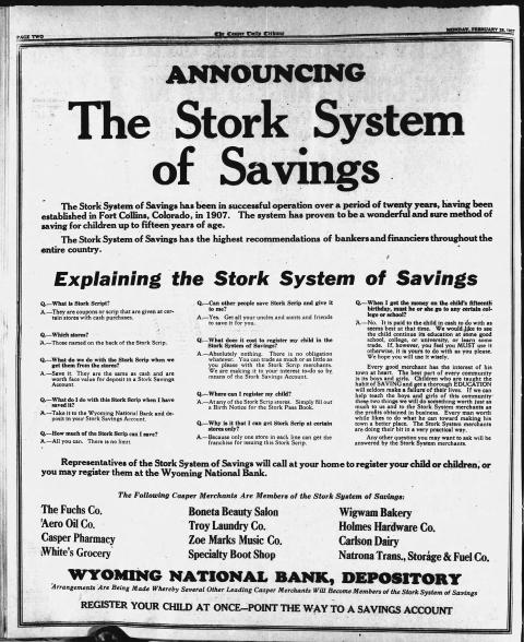 Large advertisement titled "The Stork System of Savings" with a list of participating merchants