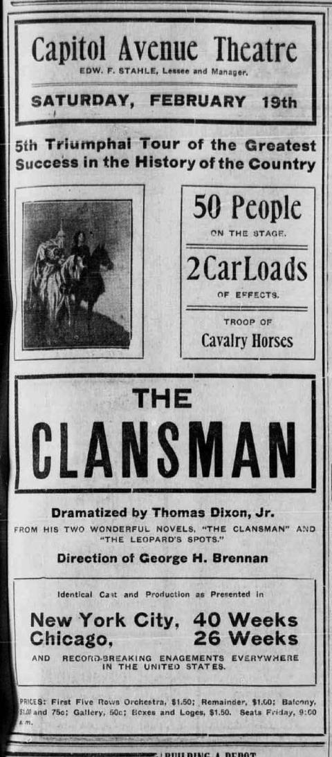 Newspaper clipping advertising "The Clansman" play