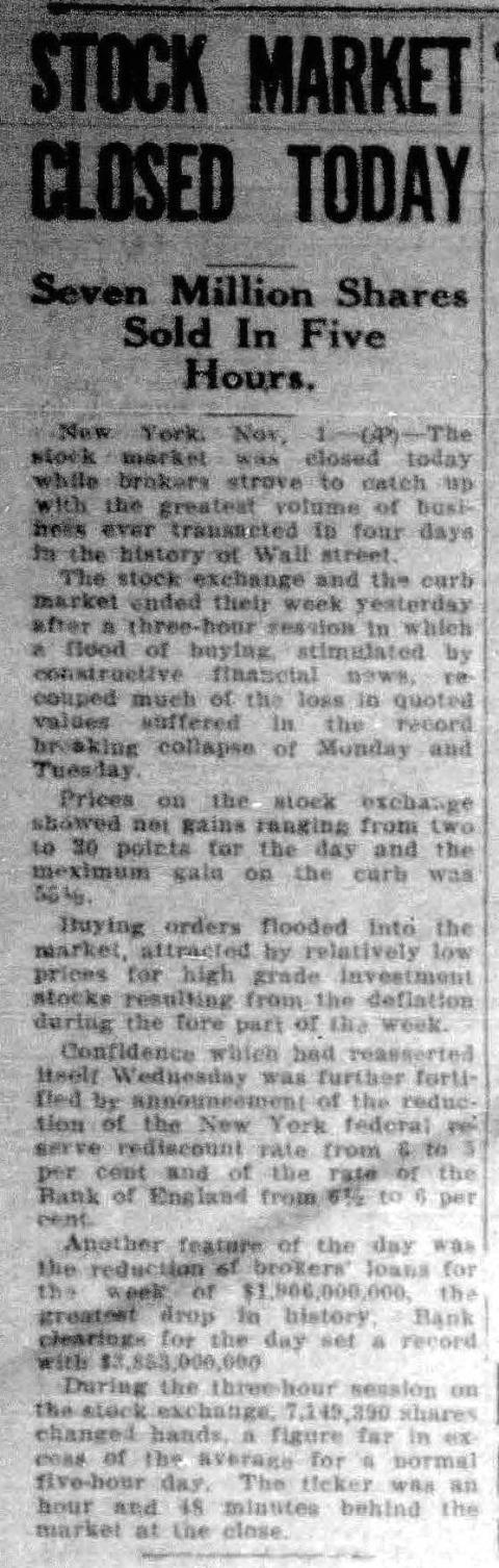 News clipooing titled "Stock Market Closed Today -- Seven million shares sold in five hours"