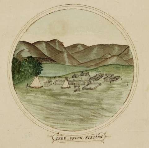 watercolor drawing of a fort and some teepees on a plain with rounded hills in the background, framed in a circle and titled "Deer Creek Station"