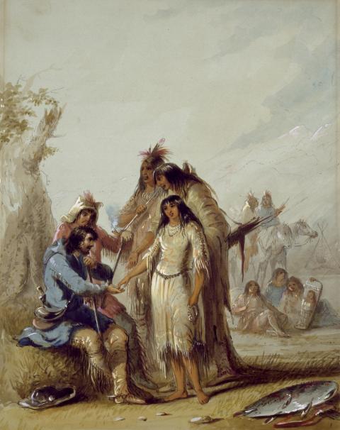painting of two trappers seated, one holding the hand of an Indigenous woman in buckskin dress, with two taller Indigenous men standing behind her