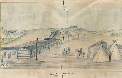 sketch of a long one-story barracks with a covered wagon and person on horseback next to two teepees