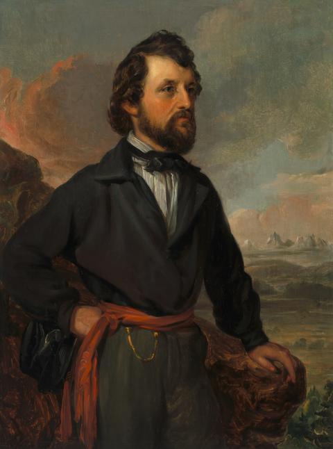 oil painting of a bearded man, gazing off to the right, in a long jacket tied at the waist with a scarf