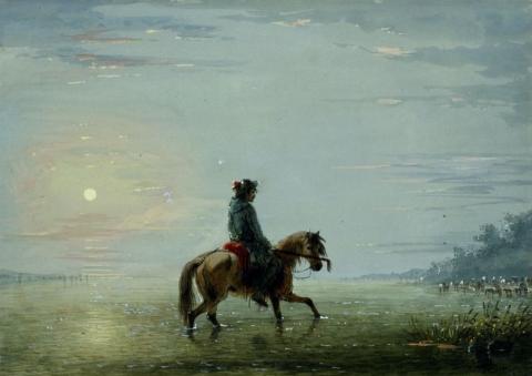 painting of a trpper on horseback crossing a river