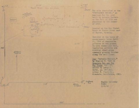 sketched map of locations around Portugueses Houses with text alongside, reading in part, "Located on the Chabet Ranch on Powder River, east of kaycee, Wyoming. Sketched on the basis of measurements taken April 21, 1966 of depression patterns in the ground."