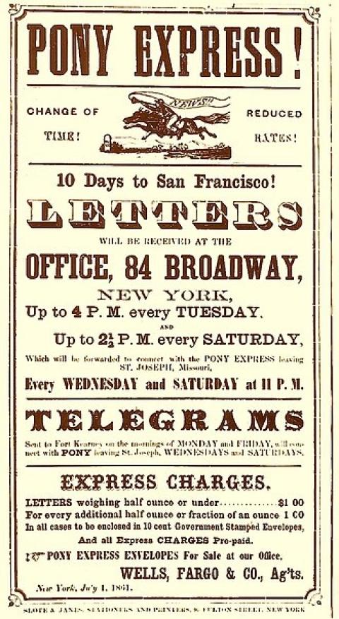poster advertising "PONY EXPRESS! 10 Days to San Francisco! Letters will be received at the OFFICE, 84 BROADWAY, New York, up to 4 P.M. every TUESDAY. Up to 2 1/2 P.M. every SATURDAY, which will be forwarded to connect with the PONY EXPRESS leaving ST.JOSEPH, Missouri every WEDNESDAY and SATURDAY at 11 P.M."