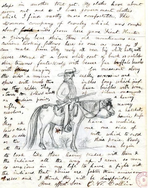 Writing home to his mother in Ohio in 1862, young Caspar W. Collins, traveling with his father, Lt. Col William O. Collins, included this sketch, noting, "the mountaineers are curious looking fellows here is one as near as I can make him.” Men who looked like this would have been well known around Fort Laramie in 1860. Denver Public Library. Click image to enlarge